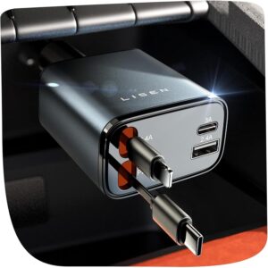 LISEN Retractable Car Charger, 69W USB C Car Accessories Adapter for iPhone 16 USB C Charger Fast Charging, Truck Accessories, Travel Essentials Gifts for Women Men, for iPhone 16 15 14 13 12 Pro Max