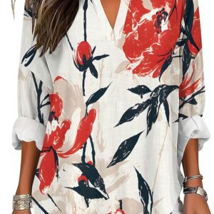 Womens V-Neck Long Length Sleeve Vintage Floral Print Boho Tops Casual Summer Holiday Blouse Beach Vacation Clothes