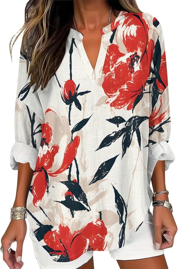 Womens V-Neck Long Length Sleeve Vintage Floral Print Boho Tops Casual Summer Holiday Blouse Beach Vacation Clothes