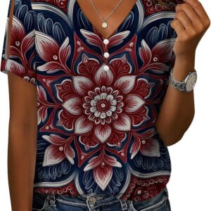 Bohemian Tops for Women Floral Printed Button V Neck Short Sleeve Blouses Casual Comfy Fashion Vintage Outdoors Tee
