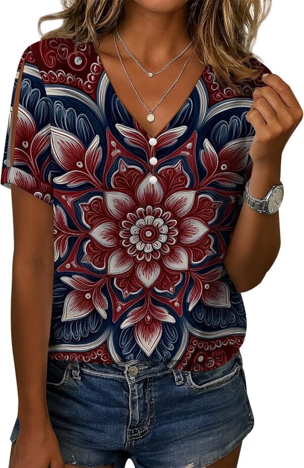 Bohemian Tops for Women Floral Printed Button V Neck Short Sleeve Blouses Casual Comfy Fashion Vintage Outdoors Tee