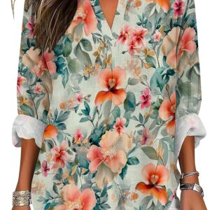 Plus Size Boho Tops for Women Roll Up Long Sleeve V Neck Loose Fit Blouses Casual Floral Print Soft Flowy Spring Tees