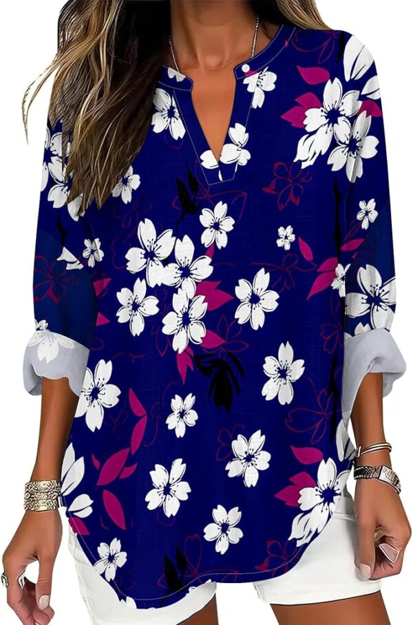 Womens V Neck Oversize Vintage Causal Pullover Japanese Art Style Shirt Roll Up Long Sleeve Novelty Graphic Tops